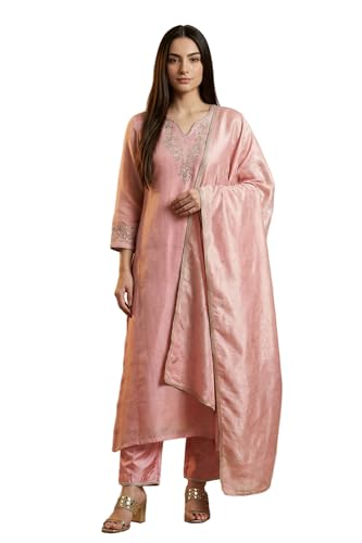 W for Woman Pink Floral Tissue Straight Kurta with Straight Pant and Dupatta Set-(WS13241-224192-M)