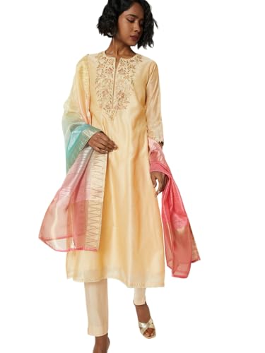 Max Women Embroidered A-line Kurta Set(Beige_S)