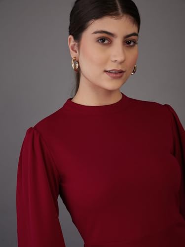 Sassafras worklyf Women's Red Puff Sleeves Bodycon Midi Dress-XS