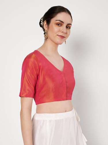 studio rasa Women's Silk Blend Dual-Tone V-Neck Blouse for Festive Wedding Party (TPWC62543S_Pink_Small)