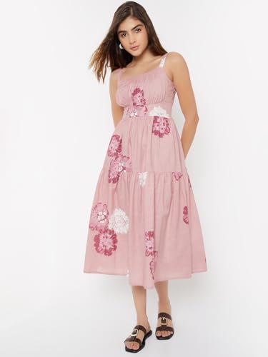 Max Women Floral Print Tiered Dress (Pink_L)