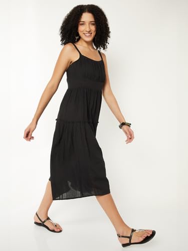 Max Women Seersucker Tiered Dress(Black_XS)