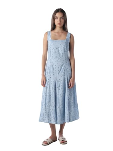 ONLY Women's Self Design Fit and Flare Blue Dress
