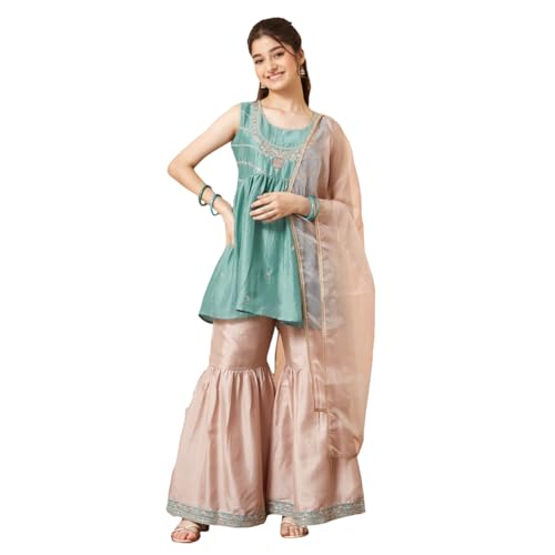 CURLY TALES ALPHA Embroidered Light Blue Kurti Sharara Set with Dupatta for Girls | Round Neck Ethnic Set for Birthday and Festive Parties