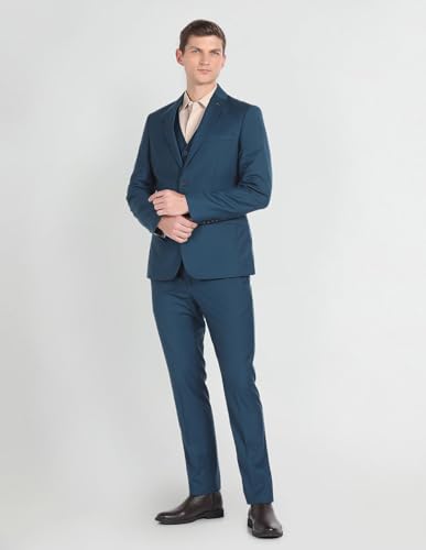 Arrow Men Polyester Regular Fit Double Breasted Business Suit Pants Set (ARAGSU5585_Teal