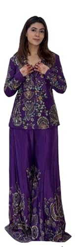 MARUTI FASHION HOUSE Plazzo Set Indo-Western Draped Set For Womens And Girls Ready To Wear Party Koti With Sharara Hevay Apple Chinon Silk Fabric With Work Multi Thread Embroidery Work (Nevy Blue)