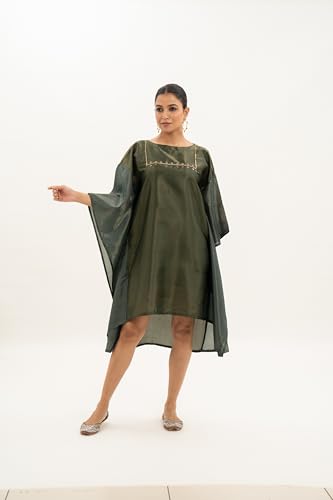 MIORAH Zari Tissue Dress with Viscose Slip for Women & Girls, Oversized Zari Tissue Ethnic Dress for Women’s, Round Neck & Hand Embroidery with Cut Dana (Colour- Olive Green, Size- 3XL)