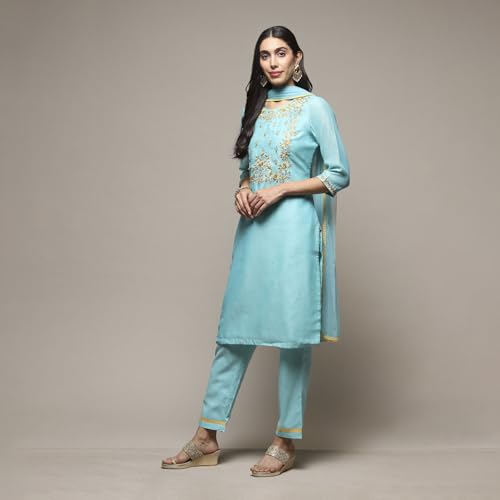 BIBA WOMEN YARNDYED NARROW SALWAR KURTA DUPATTA(SKDSKD7456E_TURQUOISE_40)