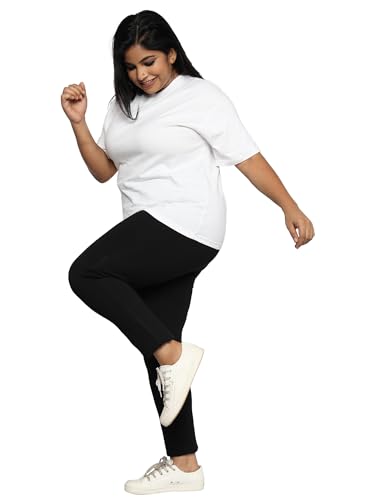 HAPPENING Plus Size Women Stretchable Trousers Broad Band Waist with Smart Tummy Tucker - HIGH Rise - Skinny Fit Pull Up (NO Zip) - Black Color - Waist Size 28 to 44 inches (44)