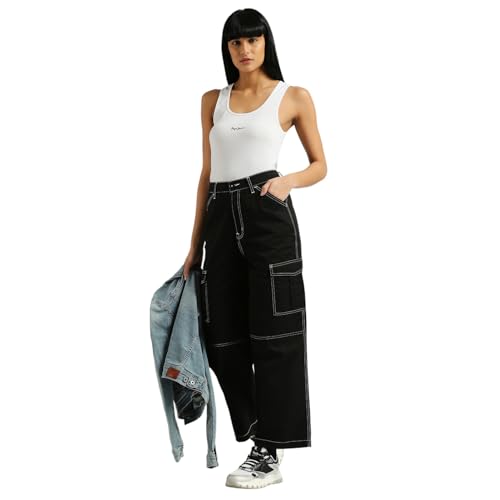 Pepe Jeans Tulip High Waist Loose Contrast Stitch Details Cargo Jet Black