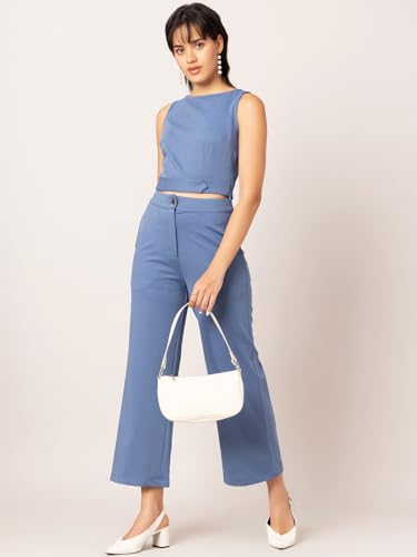 Faballey Blue Sleeveless Crop Top and Straight Fit Trousers Co-ord Set