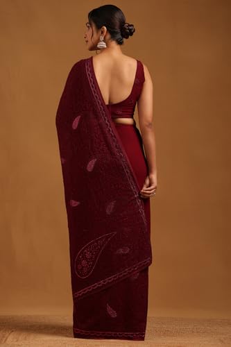 Soch Womens Wine Georgette Paisley Print Saree With Stone Work