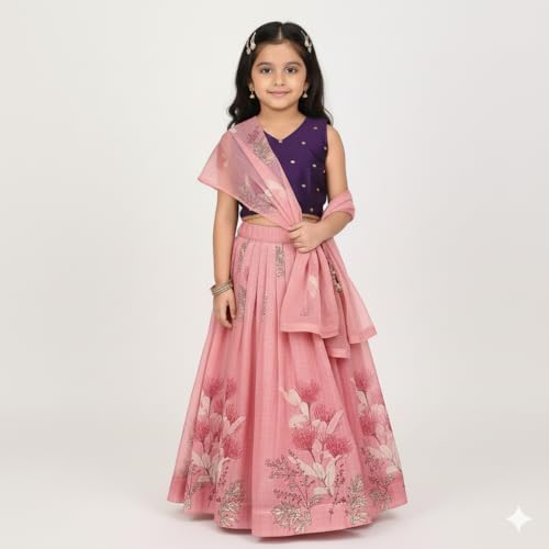 Tejam Girl's Latest Sleeveless Crop Top With Pink Lehenga Set - Traditional Dress - Floral Printed Lehenga Choli For Kids 2 To 8 Years (Pink, 4-5 Y)