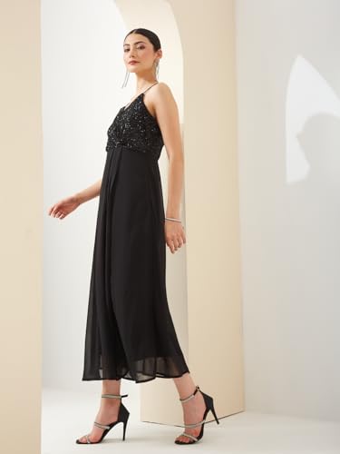 Latin Quarters Women Black V- Neck Sleeveless A-Line Sequined Party Dress_M