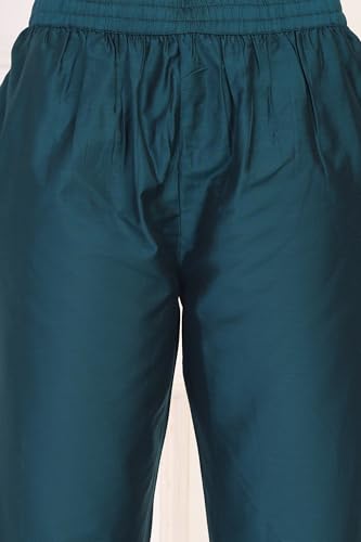 W for Woman Turquoise Embroidered Zari Sequined Straight Silk Blend Kurta with Straight Pant and Dupatta Set (WS13398-126896-M)