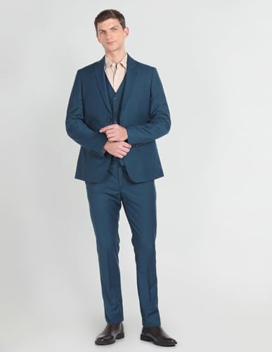 Arrow Men Polyester Regular Fit Double Breasted Business Suit Pants Set (ARAGSU5585_Teal