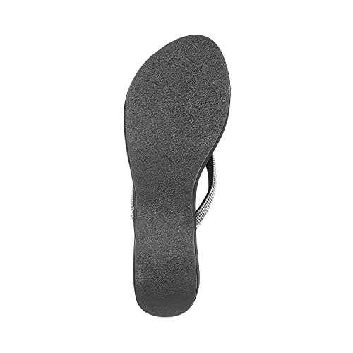 Mochi Women's Black Silver Studded Wedge Sandals | 4 Inch Heel Height | Premium Suede Open Toe Slip On Fashion Footwear | Lightweight | Comfort | Party, Casual, Festive, Stylish Wear | UK 3
