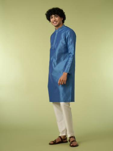 DIWAS BY MANYAVAR Men's Art Silk Thread Embroidery Festive Kurta Set (2pc) (Blue, L)