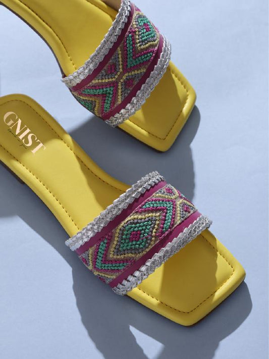 Yellow & Pink Embroidered Flats