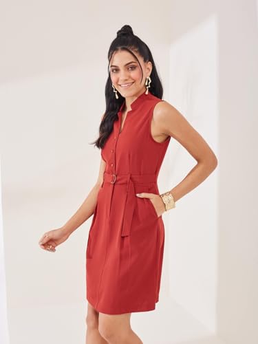 Latin Quarters Women's Rust Solid Sleeveless Mandarin Neck Casual Shirt Dress_M