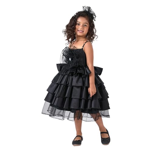 Hopscotch Girls Floral Applique Pearl Dress with Headband in Black Color for Age (4-5 Years)