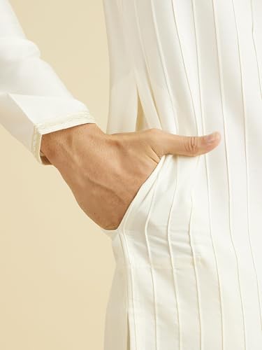 Manyavar Men's Viscose Blend Self Design Kurta Pyjama Set (Warm White,XXL)