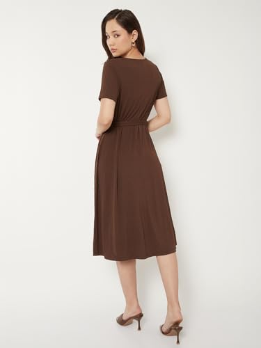 Max Women Textured A-line Belted Dress (Brown_M)