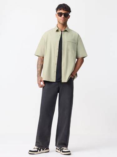 The Souled Store Oversized Shirt: Neptune Men and Boys Short Sleeve Spread Collar Light Green Solid Cotton Lightweight Drop Shoulder Streetwear Trendy Casual Oversized Shirt