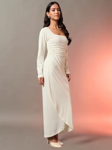 Trend Arrest.ed Women's Draped Bodycon Maxi Dress | Long Sleeve Square Neck Gown | Elegant Ruched Party Dress (Off White,S)