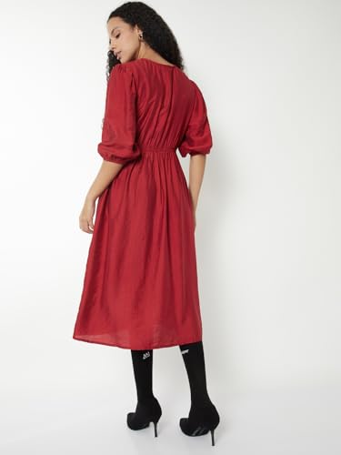 Max Women Solid Twisted A-line Midi Dress(Red_XL)