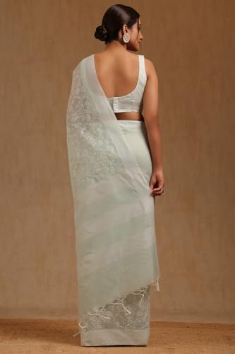 Soch Womens Powder Blue Chanderi Floral Print Saree With Thread Work