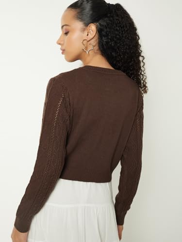 Max Women Embellished Knit Cardigan (Brown_S)
