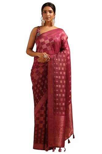 Soch Womens Wine Tussar Checked Saree With Zari Woven