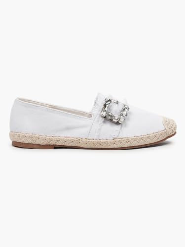 KLAUR MELBOURNE Women’s Denim-Style Espadrille Flats – Casual Slip-On Loafers with Rhinestone Buckle Edge Detail White
