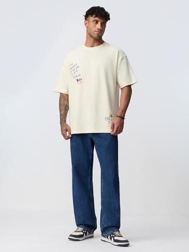The Souled Store Learned A Lot Men and Boys Short Sleeves Round Neck Off White Graphic Printed Casual Lightweight Drop Shoulder Streetwear Trendy Oversized T-Shirt