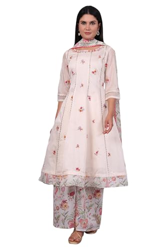 W for Woman White Embroidered Printed Chanderi Flared Kurta, Palazzo and Dupatta Set (Size: M)-WS12936-223833
