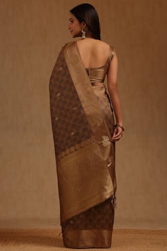 Soch Womens Olive Tussar Floral Woven Design Saree With Zari