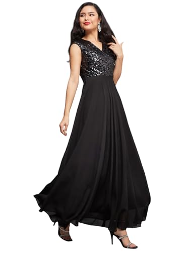 Miss Chase Women's V-Neck Cap Sleeved Solid Wrap Maxi Dress (MCAW22D99-88-62-04, Black, M)