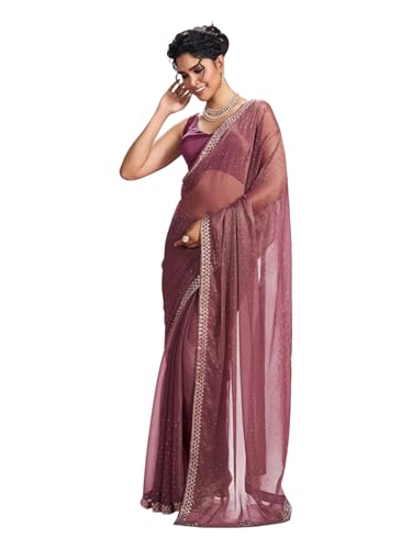 MOHEY Women's Organza Stone Work Saree with Blouse Piece(Purple)
