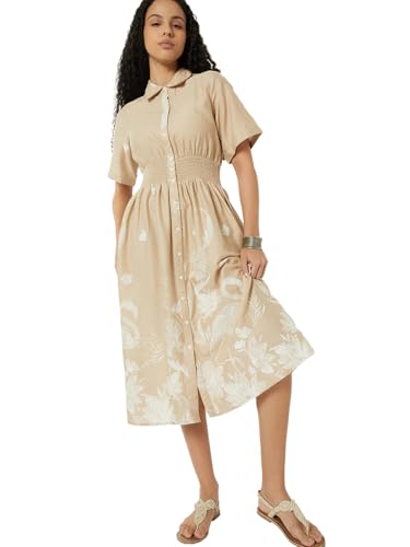 Max Women Printed A-line Shirt Dress (Beige_M)