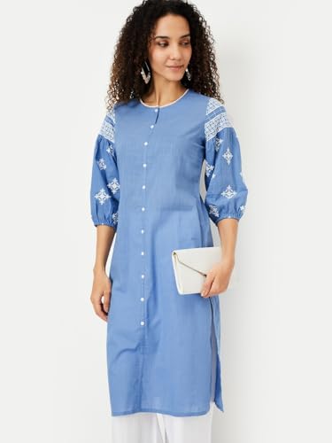 Max Women Cotton Blend Regular Fit Kurta (PFWWSP25IR_Blue, XL