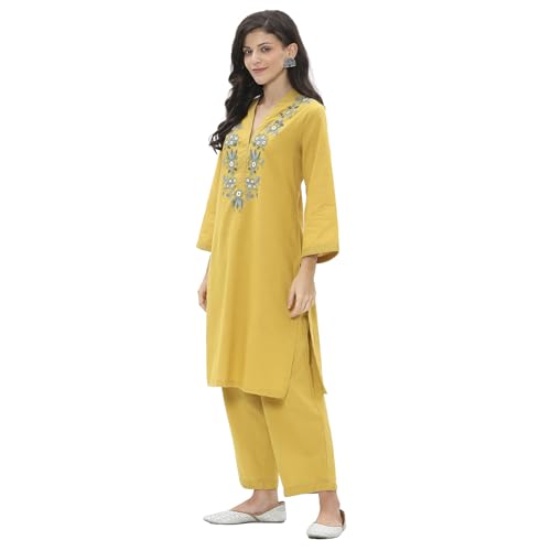 Rangriti Women Yellow Cotton Straight Kurta Set_46
