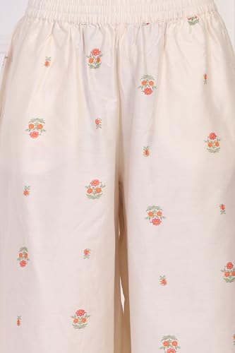 W for Woman Off-White Floral Print Lace Straight Kurta with Inner Flared Pant and Dupatta Set (WS13083-126482-S)