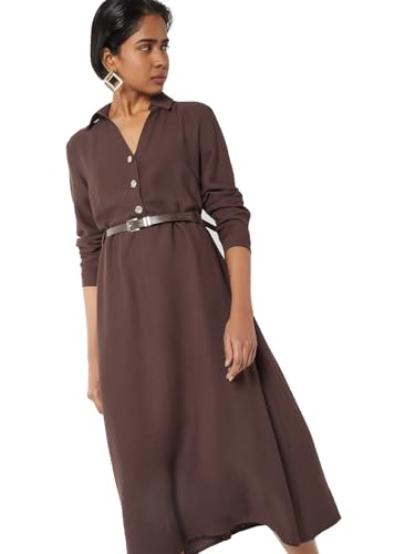 Max Women Solid Belted Shirt Dress (Brown_XS)