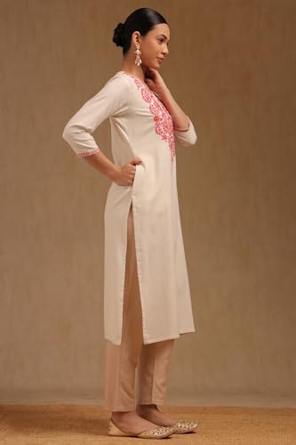Soch Women's Pure Cotton Embroidered Regular Fit Kurta (SMUA5KU0100_Off White