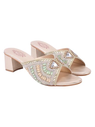 Shoetopia Women’s luxury Embellished Golden Block Heel Sandals |Slip-On Party & Wedding Heels with Beaded Strap footwear EU36