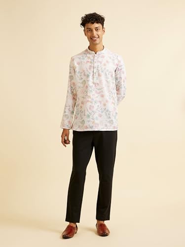 Manyavar Men's Cotton Blend Printed Short Kurta (Warm White,L)