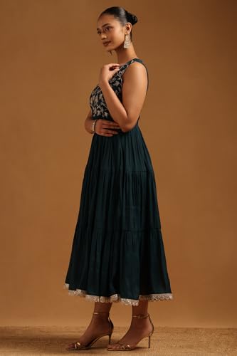 Soch Womens Teal Chanderi Floral Dress with Zari