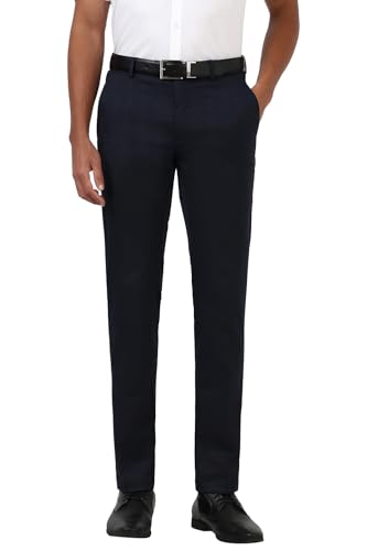Peter England Men Navy Check Slim Fit Trousers