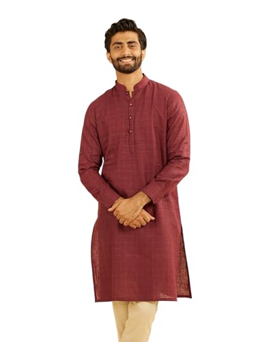 Manyavar Men's Linen Square Grid Printed Kurta (Wine,XXXL)
